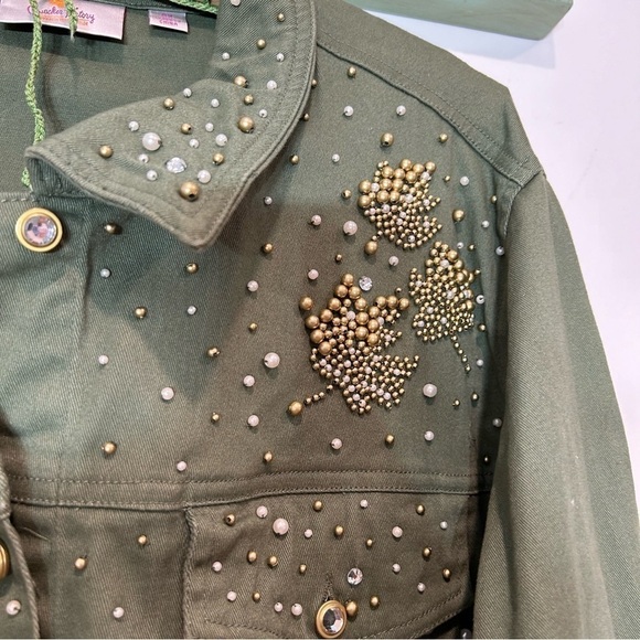 Vintage Quacker Factory army green pearl studded button down shirt jacket sz 2X - Picture 3 of 9